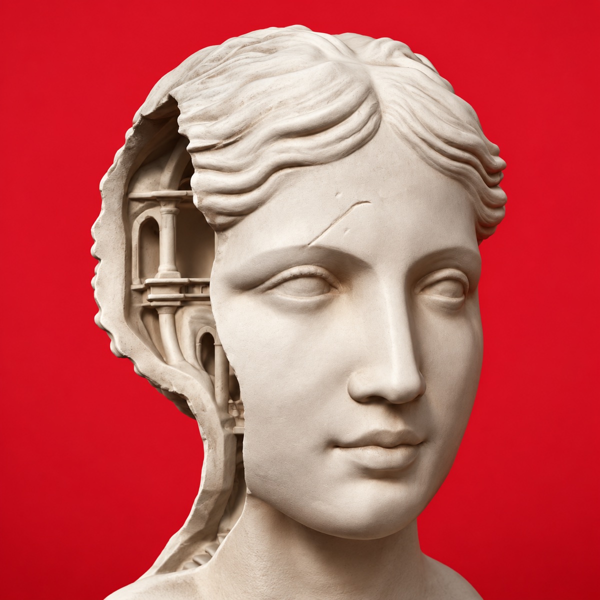Escultura branca com uma abertura arquitetônica no interior da cabeça, sobre fundo vermelho.